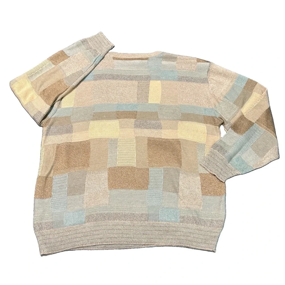 VTG Norm Thompson Patchwork Knit Sweater Large L EUC Geometric Block Pattern 90s